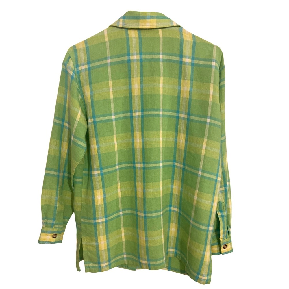Oversized 100% Linen Plaid Button Down Shirt Small Coastal Green - Picture 2 of 3